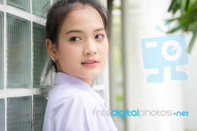 Portrait Of Thai High School Student Uniform Teen Beautiful Girl Happy And Relax, Stock Photo