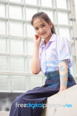 Portrait Of Thai High School Student Uniform Teen Beautiful Girl Happy And Relax, Stock Photo