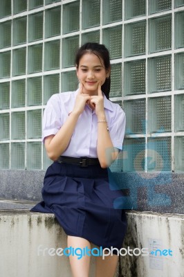 Portrait Of Thai High School Student Uniform Teen Beautiful Girl Happy And Relax, Stock Photo