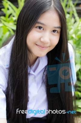 Portrait Of Thai High School Student Uniform Teen Beautiful Girl Happy And Relax, Stock Photo