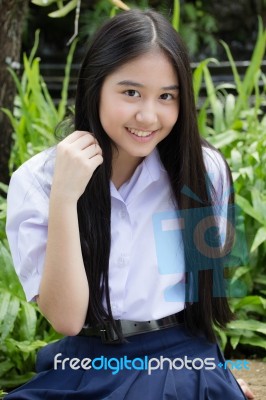 Portrait Of Thai High School Student Uniform Teen Beautiful Girl Happy And Relax, Stock Photo