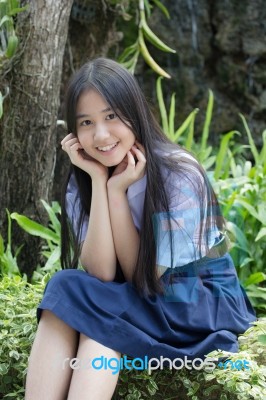 Portrait Of Thai High School Student Uniform Teen Beautiful Girl Happy And Relax, Stock Photo