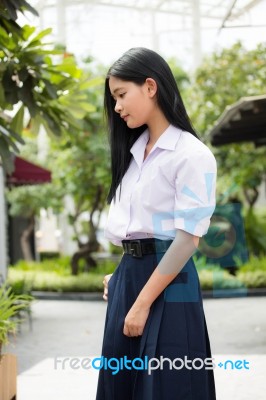 Portrait Of Thai High School Student Uniform Teen Beautiful Girl Happy And Relax, Stock Photo