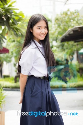 Portrait Of Thai High School Student Uniform Teen Beautiful Girl Happy And Relax, Stock Photo