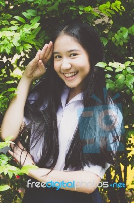 Portrait Of Thai High School Student Uniform Teen Beautiful Girl Happy And Relax, Stock Photo