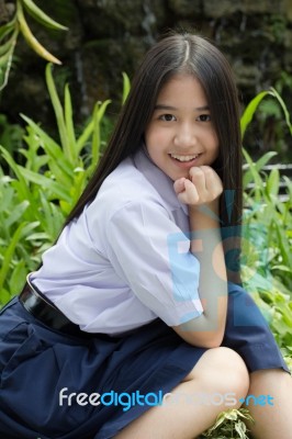 Portrait Of Thai High School Student Uniform Teen Beautiful Girl Happy And Relax, Stock Photo