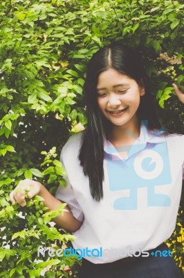 Portrait Of Thai High School Student Uniform Teen Beautiful Girl Happy And Relax, Stock Photo