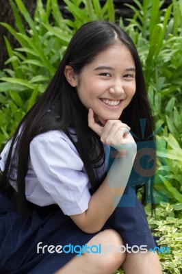 Portrait Of Thai High School Student Uniform Teen Beautiful Girl Happy And Relax, Stock Photo