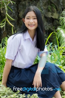 Portrait Of Thai High School Student Uniform Teen Beautiful Girl Happy And Relax, Stock Photo