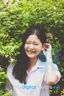 Portrait Of Thai High School Student Uniform Teen Beautiful Girl Happy And Relax, Stock Photo