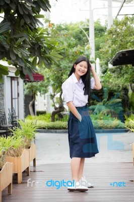 Portrait Of Thai High School Student Uniform Teen Beautiful Girl Happy And Relax, Stock Photo