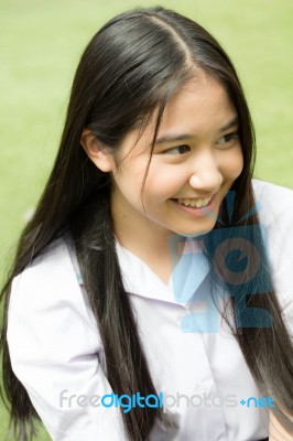 Portrait Of Thai High School Student Uniform Teen Beautiful Girl Happy And Relax, Stock Photo