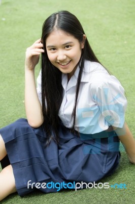 Portrait Of Thai High School Student Uniform Teen Beautiful Girl Happy And Relax, Stock Photo