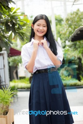 Portrait Of Thai High School Student Uniform Teen Beautiful Girl Happy And Relax, Stock Photo