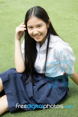 Portrait Of Thai High School Student Uniform Teen Beautiful Girl Happy And Relax, Stock Photo