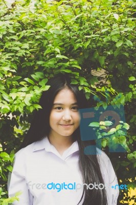 Portrait Of Thai High School Student Uniform Teen Beautiful Girl Happy And Relax, Stock Photo