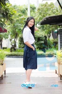 Portrait Of Thai High School Student Uniform Teen Beautiful Girl Happy And Relax, Stock Photo