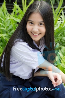 Portrait Of Thai High School Student Uniform Teen Beautiful Girl Happy And Relax, Stock Photo