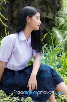 Portrait Of Thai High School Student Uniform Teen Beautiful Girl Happy And Relax, Stock Photo