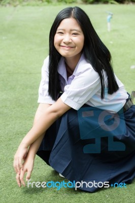 Portrait Of Thai High School Student Uniform Teen Beautiful Girl Happy And Relax, Stock Photo