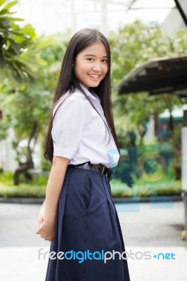 Portrait Of Thai High School Student Uniform Teen Beautiful Girl Happy And Relax, Stock Photo