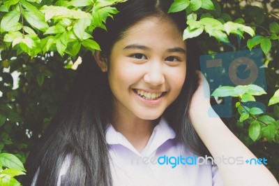 Portrait Of Thai High School Student Uniform Teen Beautiful Girl Happy And Relax, Stock Photo