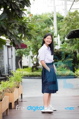 Portrait Of Thai High School Student Uniform Teen Beautiful Girl Happy And Relax, Stock Photo