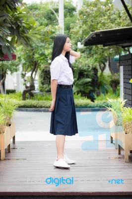 Portrait Of Thai High School Student Uniform Teen Beautiful Girl Happy And Relax, Stock Photo