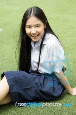 Portrait Of Thai High School Student Uniform Teen Beautiful Girl Happy And Relax, Stock Photo