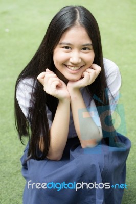 Portrait Of Thai High School Student Uniform Teen Beautiful Girl Happy And Relax, Stock Photo