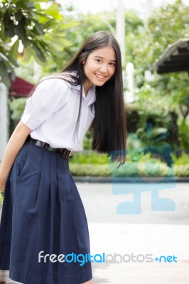 Portrait Of Thai High School Student Uniform Teen Beautiful Girl Happy And Relax, Stock Photo