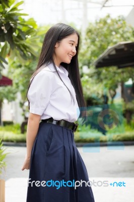 Portrait Of Thai High School Student Uniform Teen Beautiful Girl Happy And Relax, Stock Photo