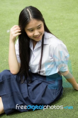 Portrait Of Thai High School Student Uniform Teen Beautiful Girl Happy And Relax, Stock Photo