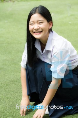 Portrait Of Thai High School Student Uniform Teen Beautiful Girl Happy And Relax, Stock Photo