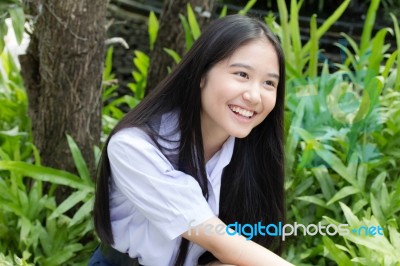 Portrait Of Thai High School Student Uniform Teen Beautiful Girl Happy And Relax, Stock Photo