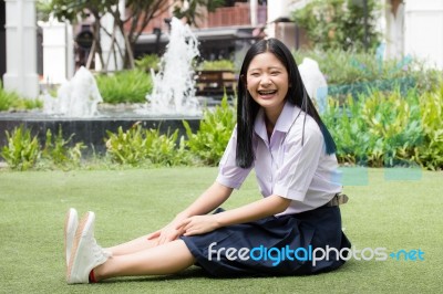 Portrait Of Thai High School Student Uniform Teen Beautiful Girl Happy And Relax, Stock Photo