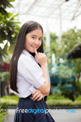 Portrait Of Thai High School Student Uniform Teen Beautiful Girl Happy And Relax, Stock Photo