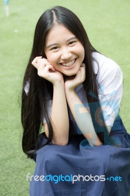 Portrait Of Thai High School Student Uniform Teen Beautiful Girl Happy And Relax, Stock Photo