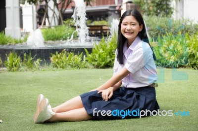 Portrait Of Thai High School Student Uniform Teen Beautiful Girl Happy And Relax, Stock Photo