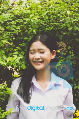 Portrait Of Thai High School Student Uniform Teen Beautiful Girl Happy And Relax, Stock Photo