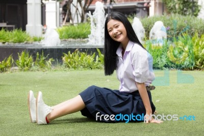 Portrait Of Thai High School Student Uniform Teen Beautiful Girl Happy And Relax, Stock Photo