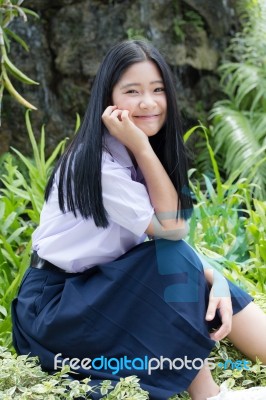 Portrait Of Thai High School Student Uniform Teen Beautiful Girl Happy And Relax, Stock Photo