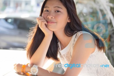 Portrait Of Thai Student Teen Beautiful Girl Happy And Relax Stock Photo