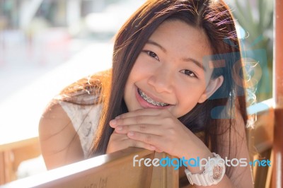 Portrait Of Thai Student Teen Beautiful Girl Happy And Relax Stock Photo