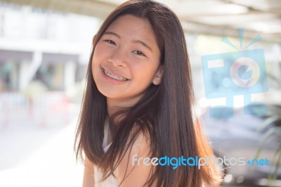 Portrait Of Thai Student Teen Beautiful Girl Happy And Relax Stock Photo