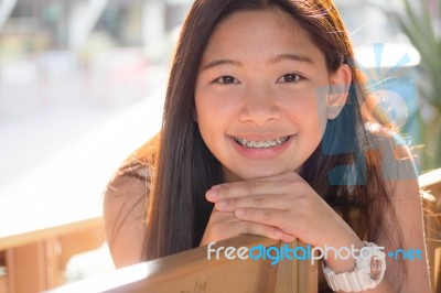 Portrait Of Thai Student Teen Beautiful Girl Happy And Relax Stock Photo