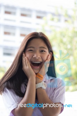 Portrait Of Thai Student Teen Beautiful Girl Happy And Relax Stock Photo