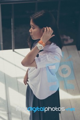 Portrait Of Thai Student Teen Beautiful Girl Happy And Relax Stock Photo