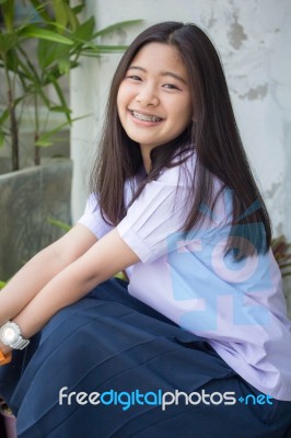 Portrait Of Thai Student Teen Beautiful Girl Happy And Relax Stock Photo