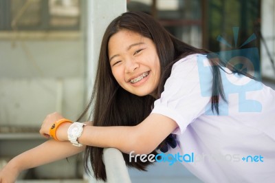 Portrait Of Thai Student Teen Beautiful Girl Happy And Relax Stock Photo